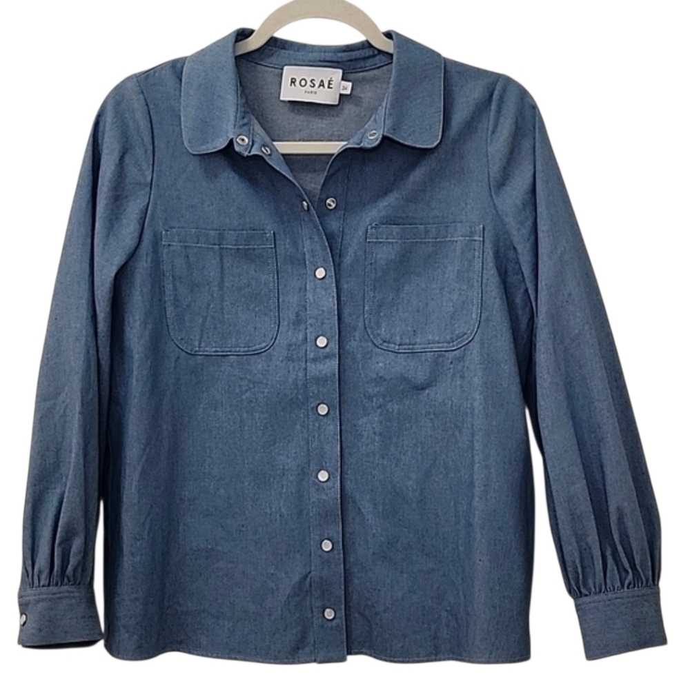 Rosae Paris 100% Cotton light blue chambray button-down shirt classic Size 2